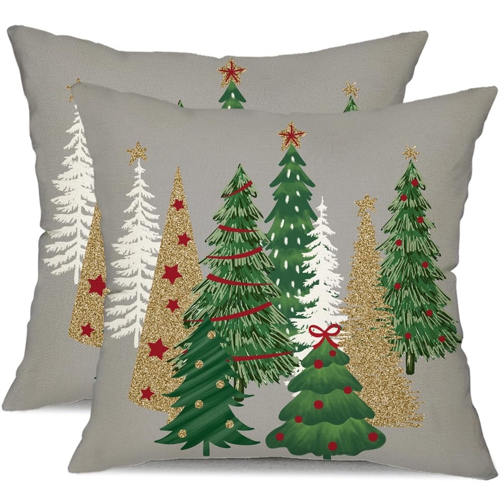 Holiday Christmas Tree Pillow Set - Green, Gold, and Gray